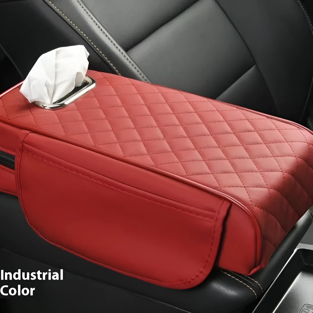 Universal car armrest box cushion in leather with built-in tissue buggy bag