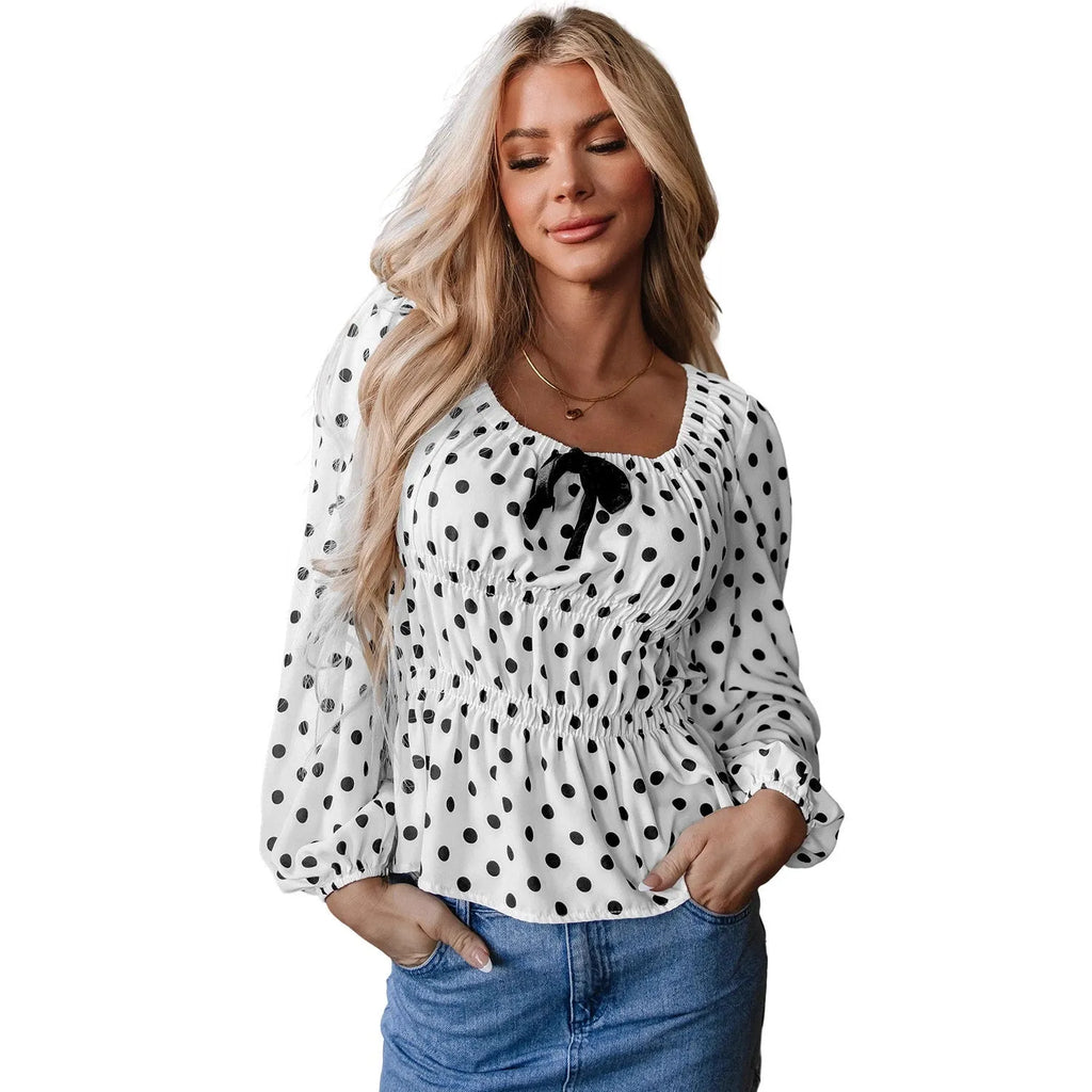Women's loose polka dot long sleeve shirt with square collar and lantern sleeves in printed black