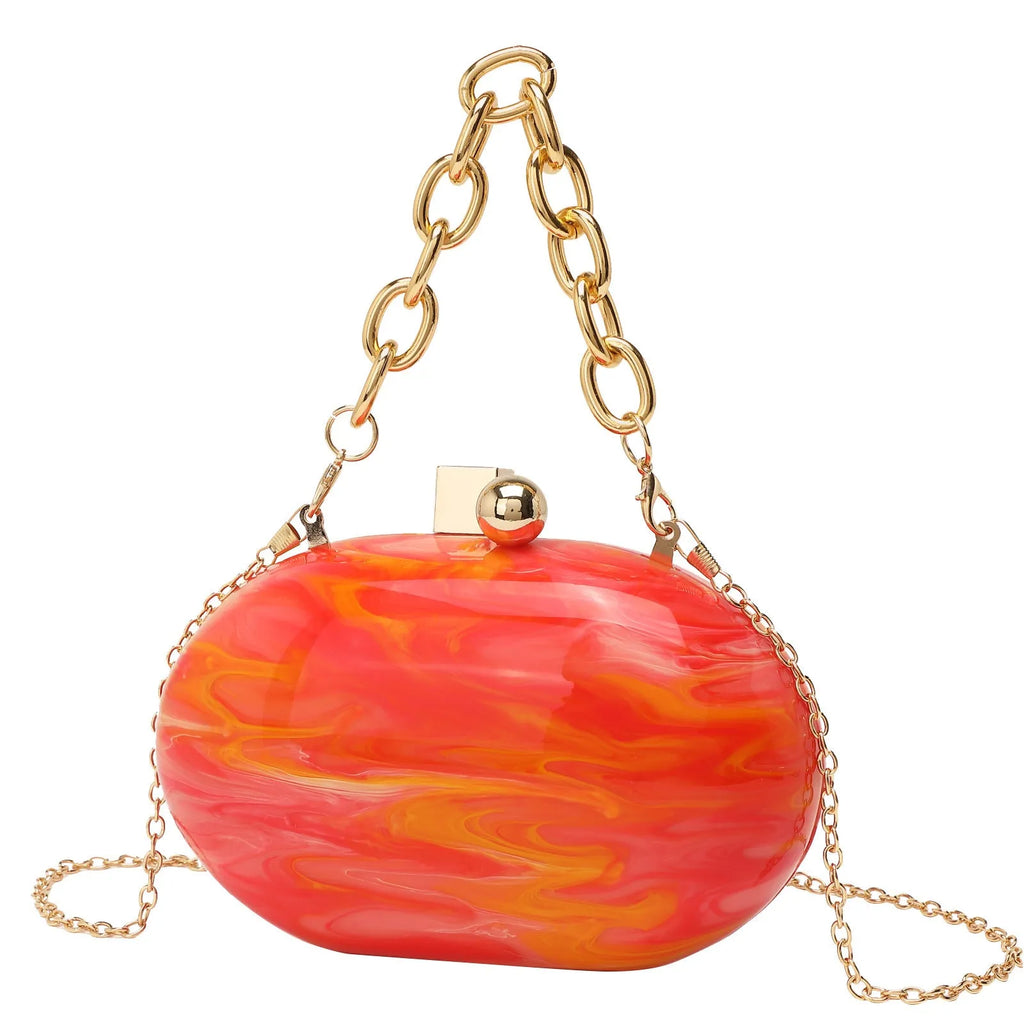 Oval acrylic women's clutch bag with detachable chain in pearlescent colour options