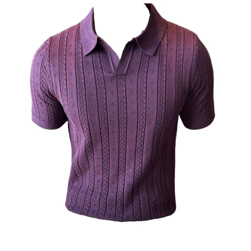 Striped jacquard knitted short-sleeve V-neck T-shirt in black, cotton blend