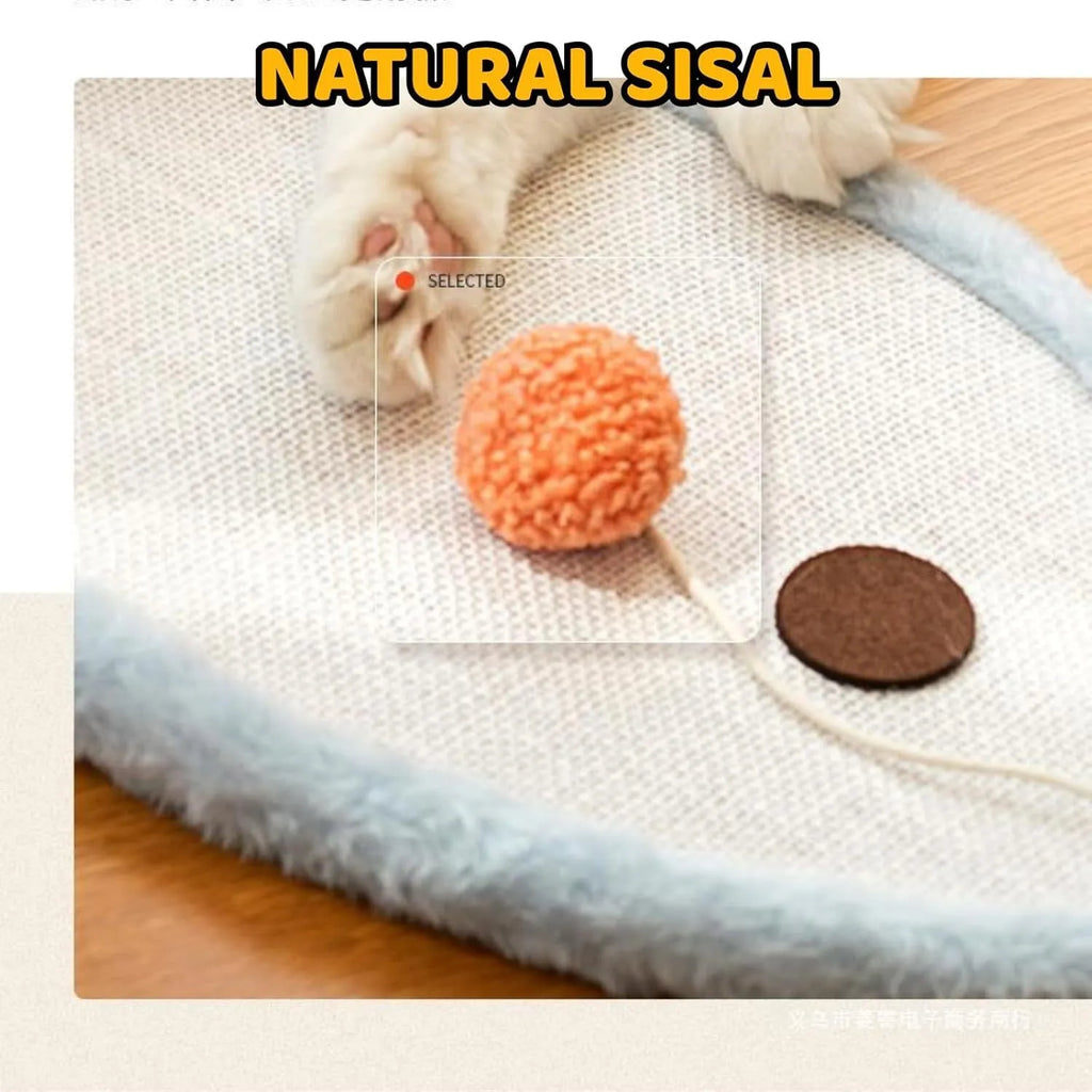 White wall-mounted cat scratching mat with cartoon sleeping cat design made from natural sisal fibre