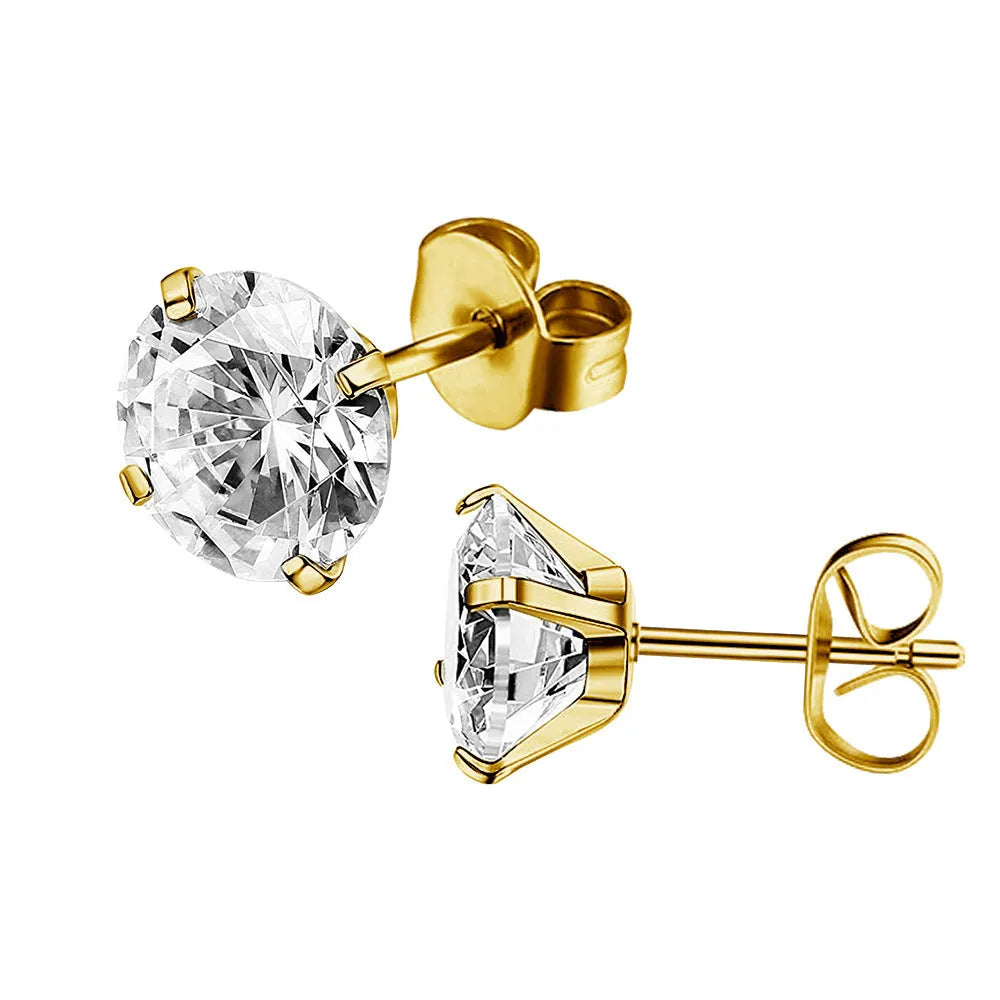 Geometric square titanium steel stud earrings with a round zirconia stone in gold tone.