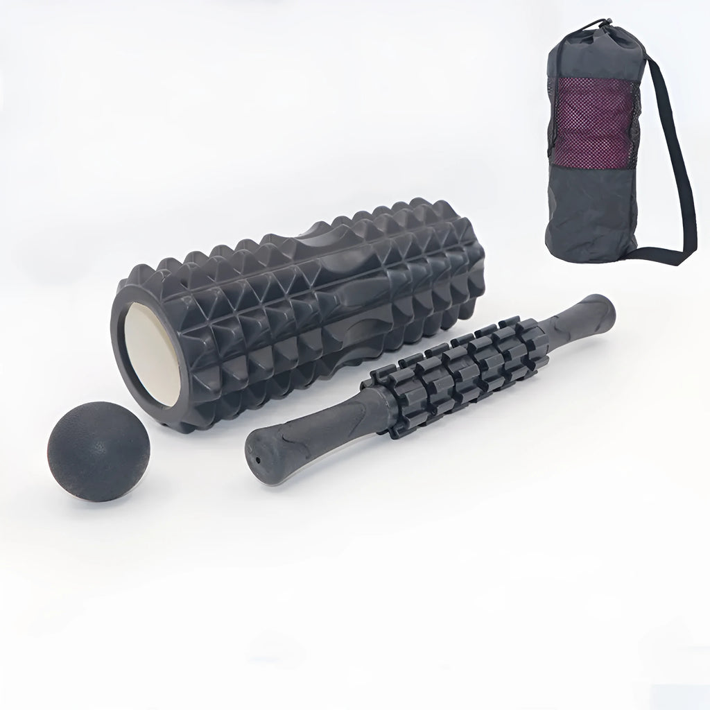 Black 33cm foam massage roller with six adjustable gear pieces for muscle recovery