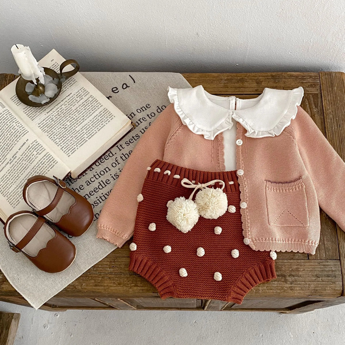 Baby girl sweet cardigan knitted coat in lotus root pink solid colour cotton yarn long sleeves
