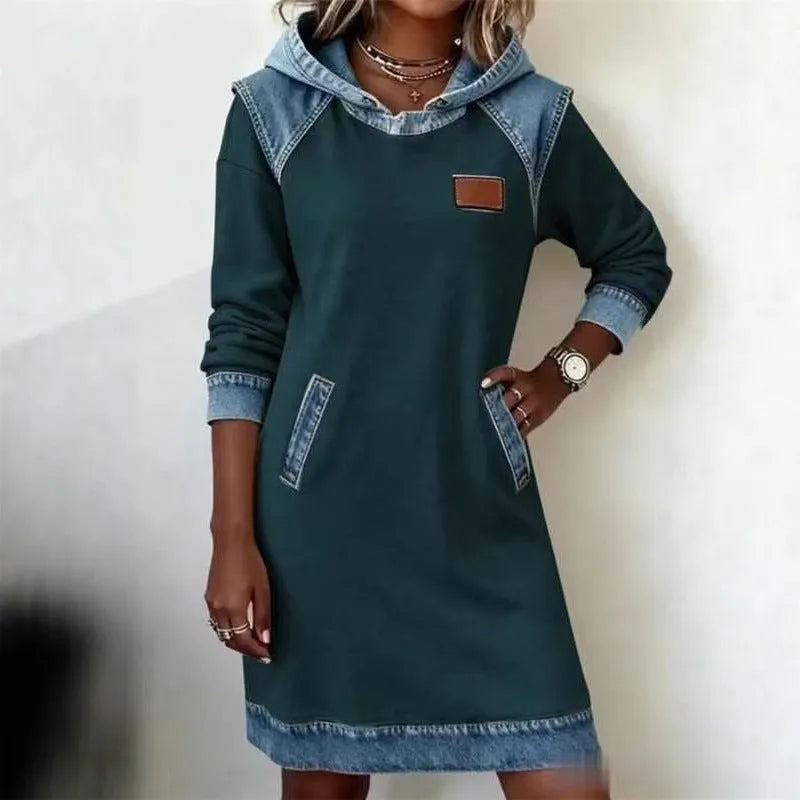 Color matching ladies hoodie skirt fake two piece dress with raglan sleeves in navy blue
