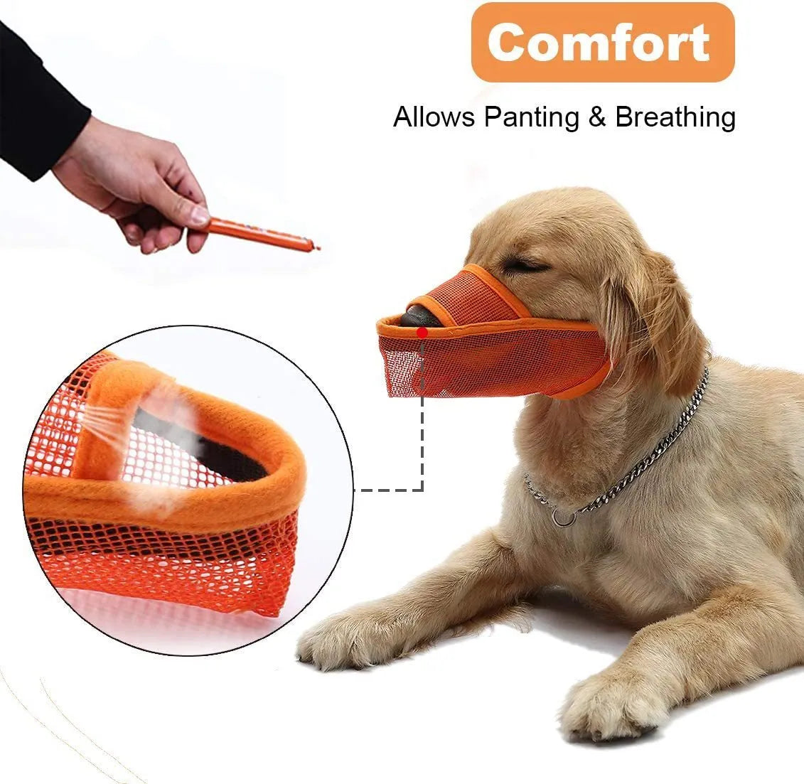 Breathable mesh dog muzzle in black or orange, sizes XXS to XL, with adjustable fit for anti-bite and anti-barking use.