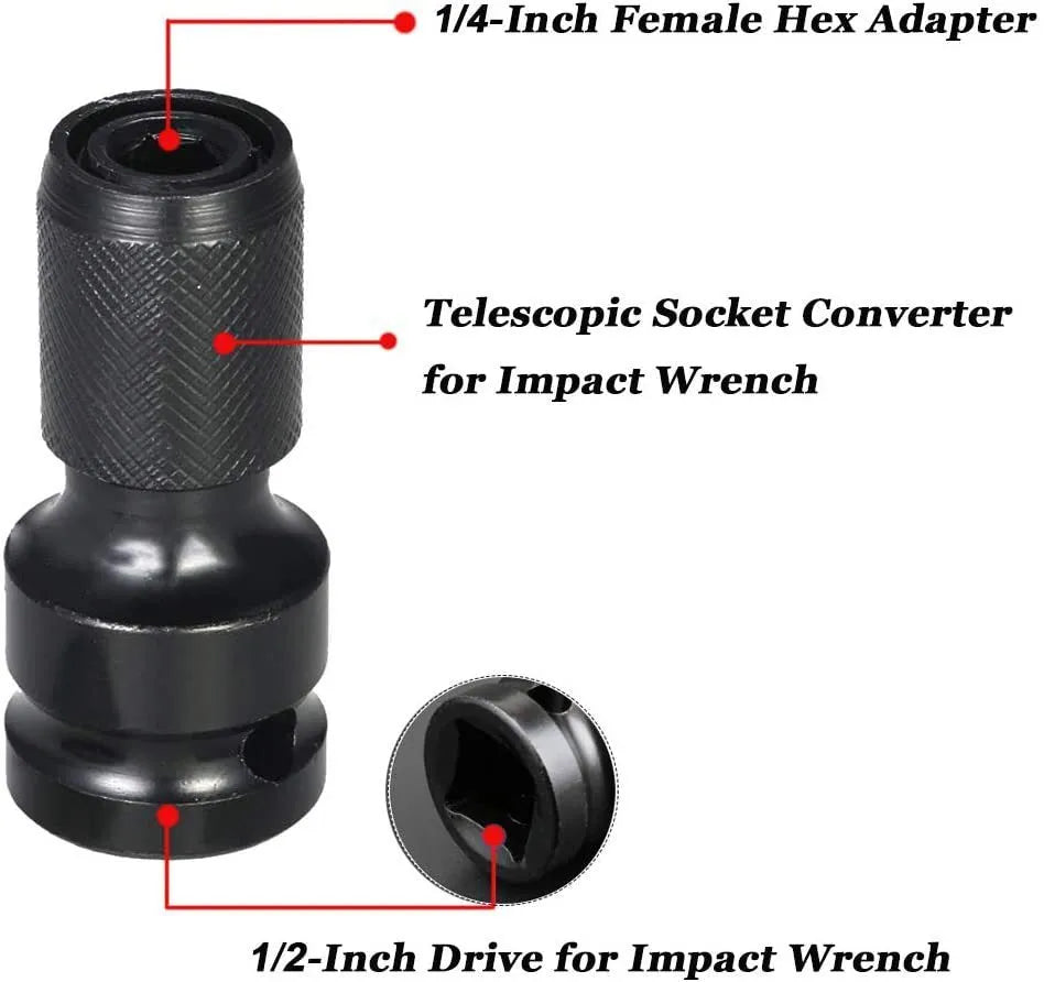 Telescopic square drive to hexagonal handle bit holder conversion tool with O-ring retention