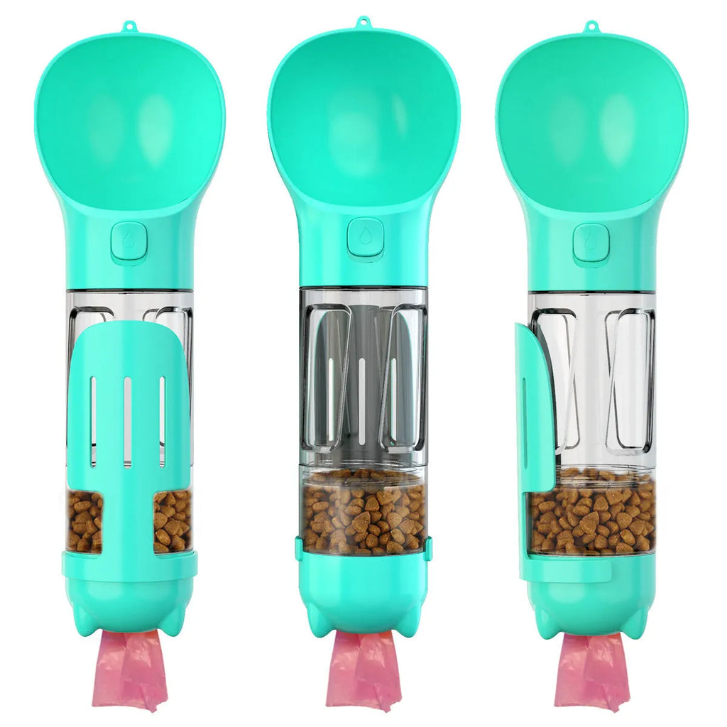 Portable 3 in 1 dog water bottle 500ml leak proof with treat holder and poop bag dispenser
