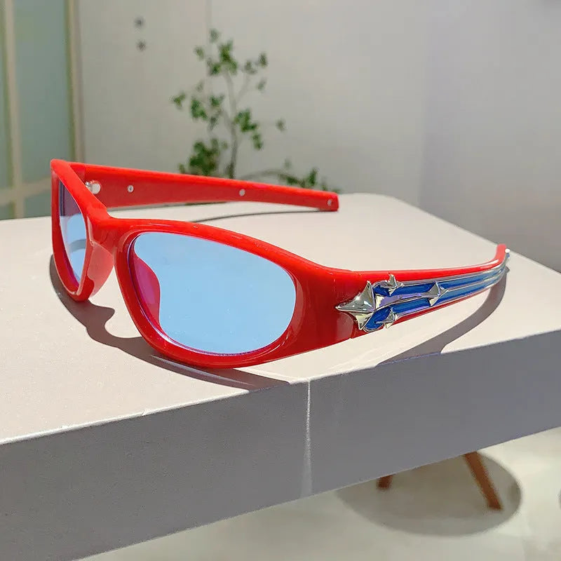 PC material windproof sports sunglasses showing black frame with blue lens option