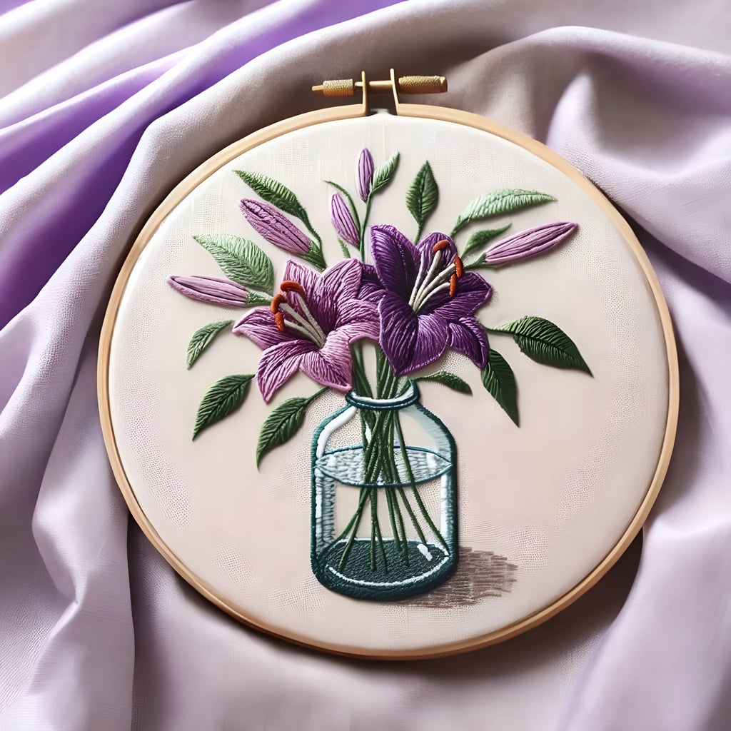 Cotton and linen embroidery fabric 28x28cm with purple lily flower design and imitation bamboo frame stand