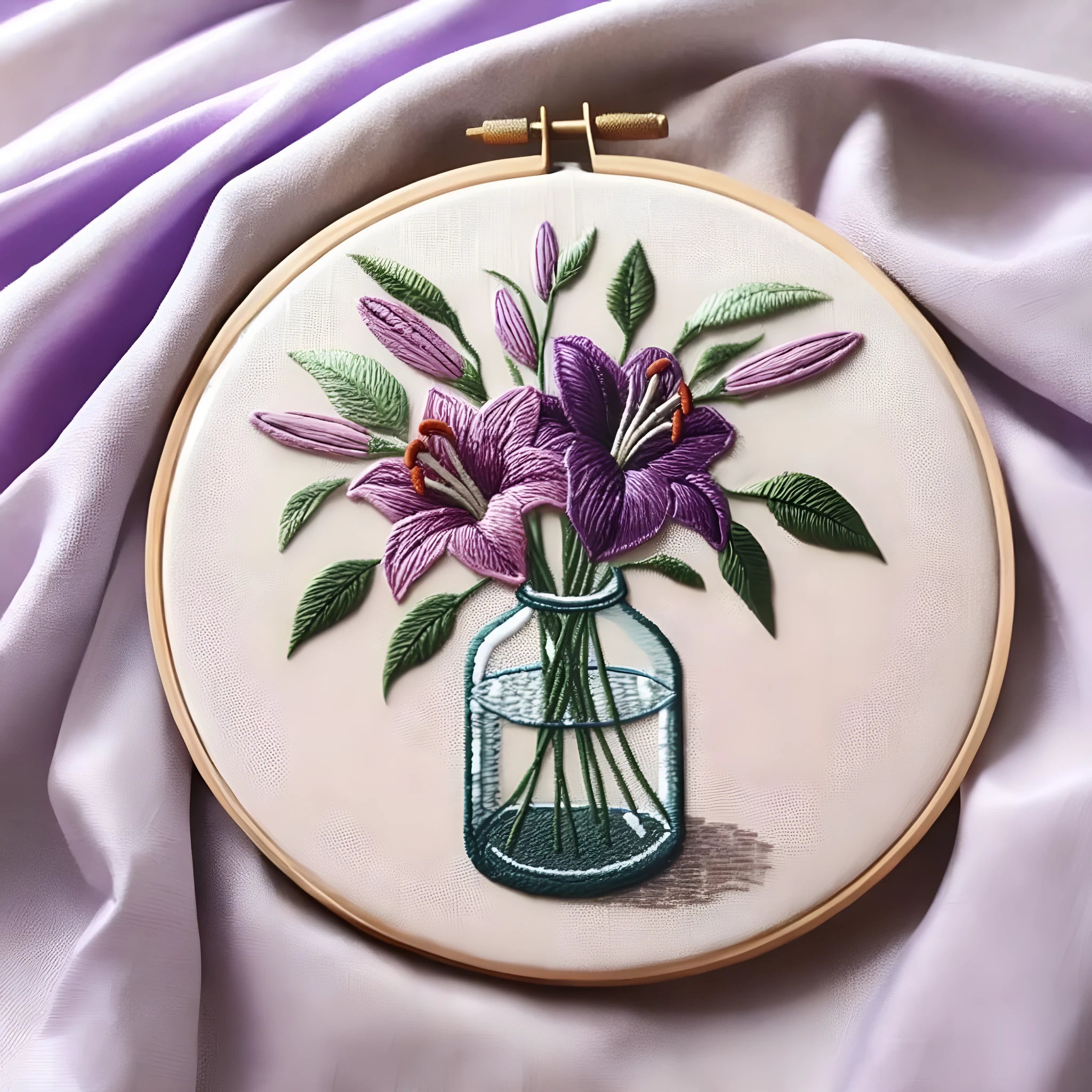 Cotton and linen embroidery fabric 28x28cm with purple lily flower design and imitation bamboo frame stand