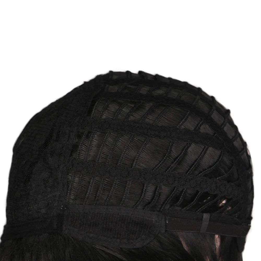 Mixed blonde brown short wig on stand, realistic supple synthetic hair, heat resistant, women's wig