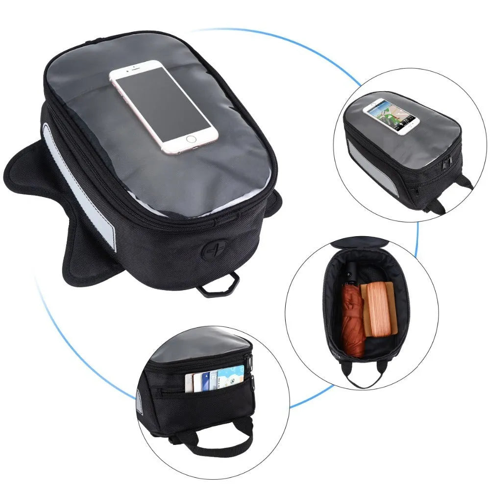 Black waterproof magnetic motorcycle fuel tank bag with phone pocket and reflective strips on Oxford cloth surface