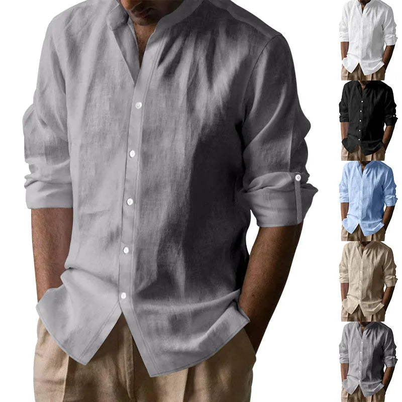 Men's linen-cotton long sleeve stand collar shirt in solid colour, slim fit, cardigan style