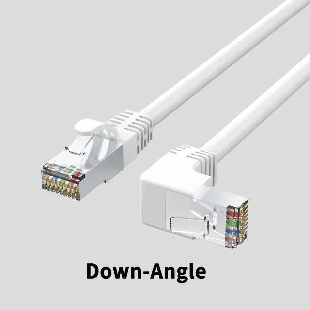 Coloured Cat6 Ethernet cable with a right-angled metal RJ45 connector plug in a choice of four orientations.