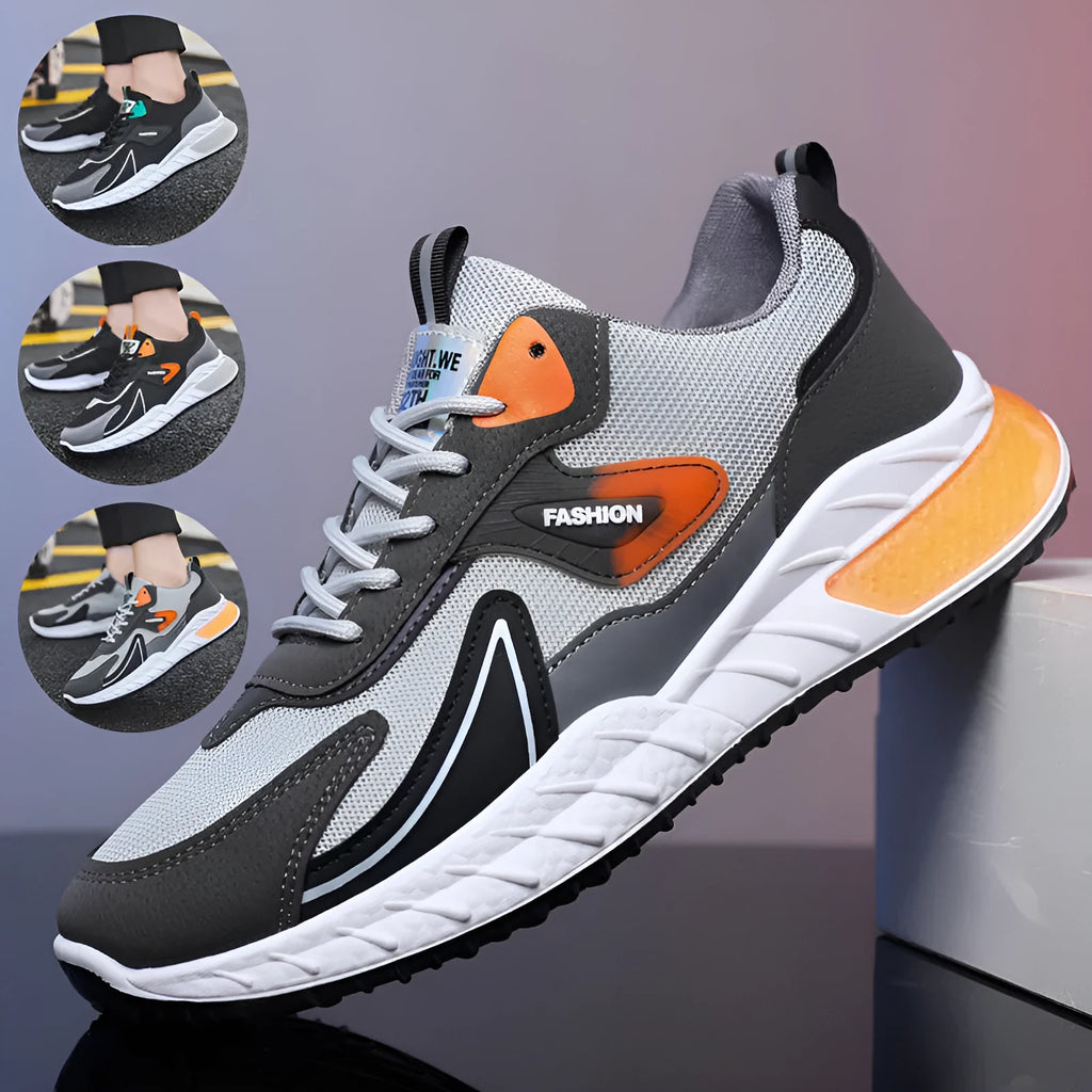 Colour-blocked men's mesh trainers with rubber sole, front lace-up, flat heel, round toe, in Black Green, Black Orange, or Grey Orange.