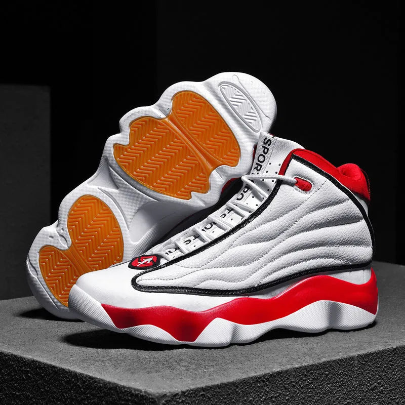 High-top basketball shoes in AJ13 colours with mesh upper and thick rubber sole on a white background