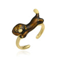 Copper open mouth ring with colourful drip oil finish and sausage dog animal motif