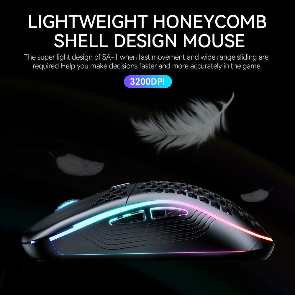 SA-1 black honeycomb shell RGB wireless gaming mouse with scroll wheel and seven buttons