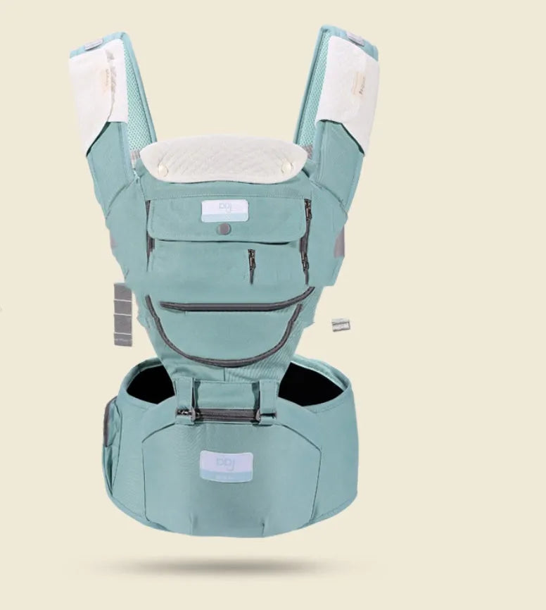 Breathable baby waist stool in mint green with shoulder strap and hip seat