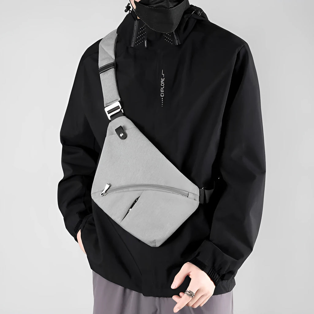 Men's Oxford cloth chest bag with one-shoulder design in grey or black with letter detailing
