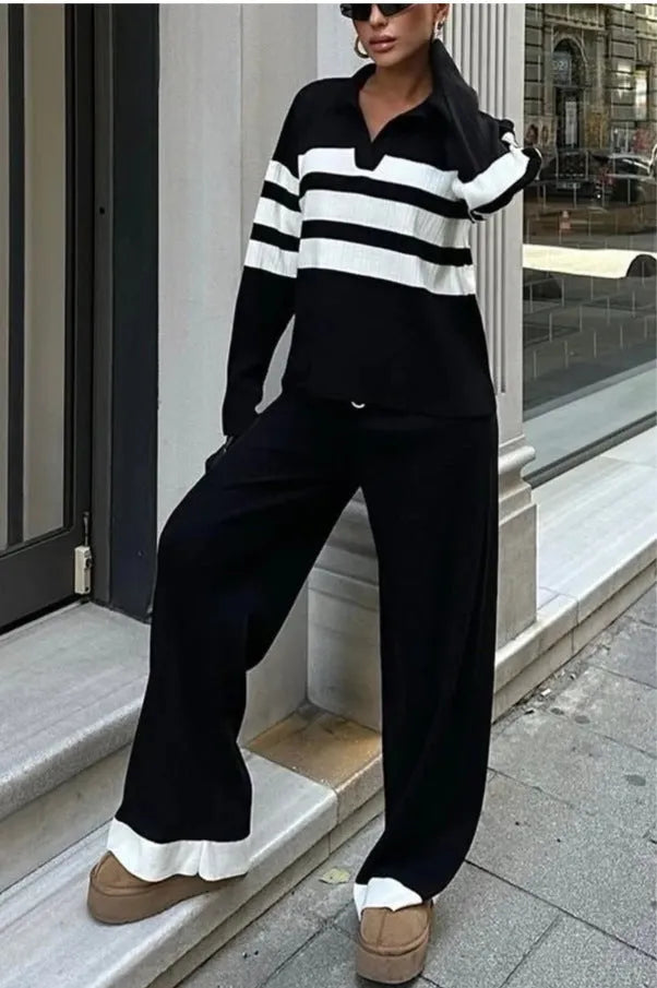 Women's black and white striped polo collar two-piece set with knitted top and matching trousers