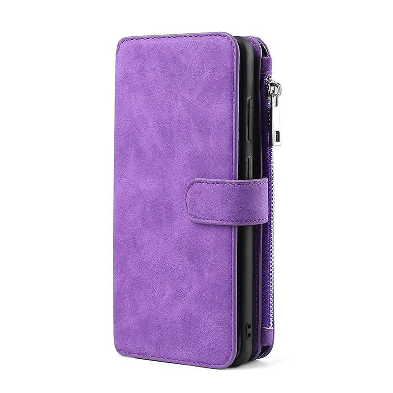 Samsung wallet style phone case with card slots in black, brown, and red, handmade from TPU and PC