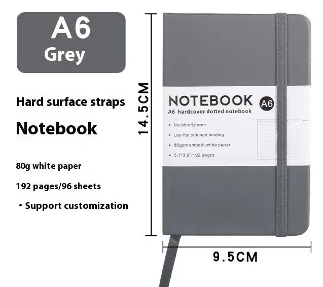 A5 and A6 size notebooks with soft skin-feel PU leather covers and a strap, shown in various colours next to open pages with horizontal ruled lines.