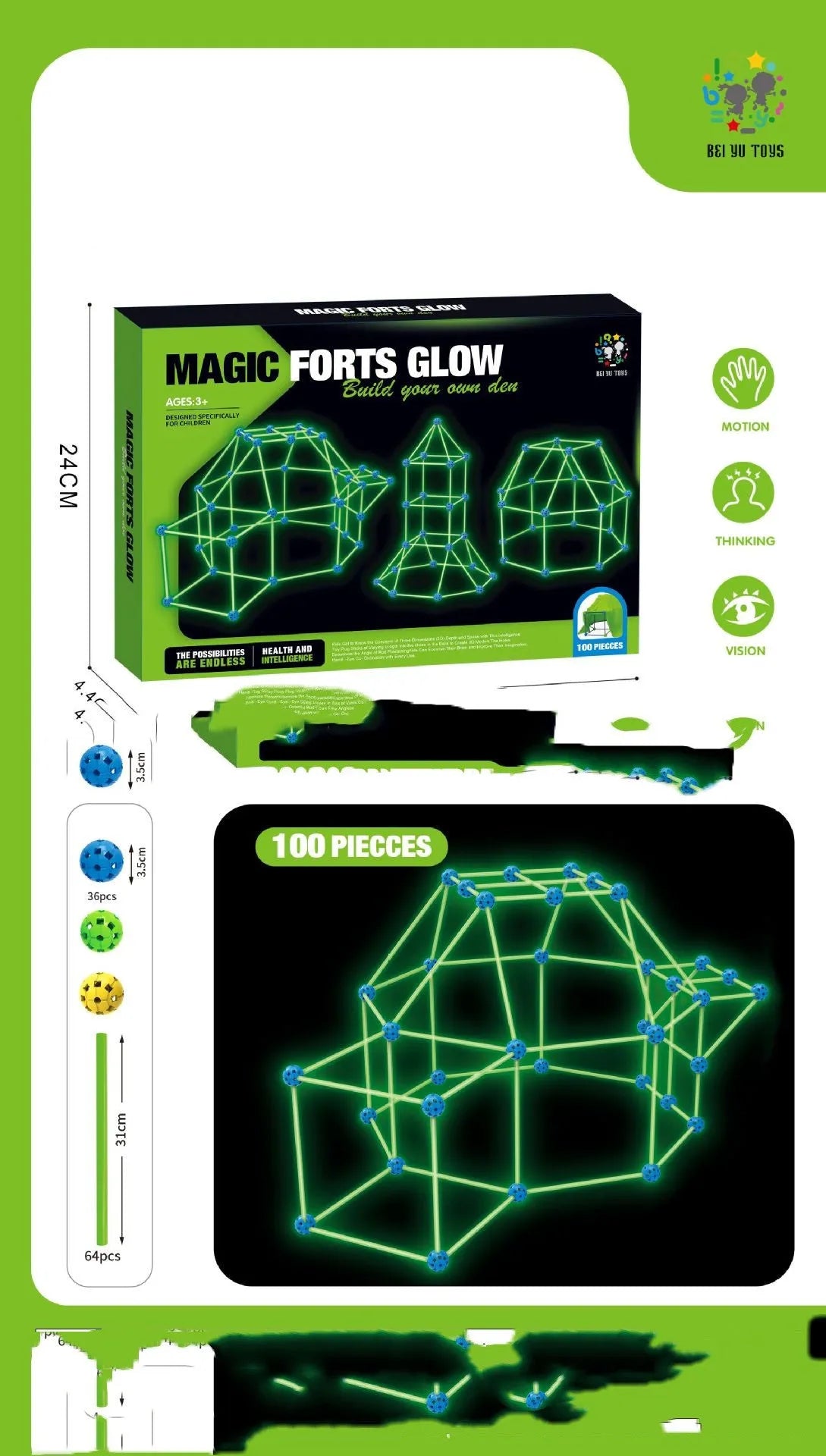 Luminous plastic fort building kit for kids with connecting sticks, balls, and storage bag.