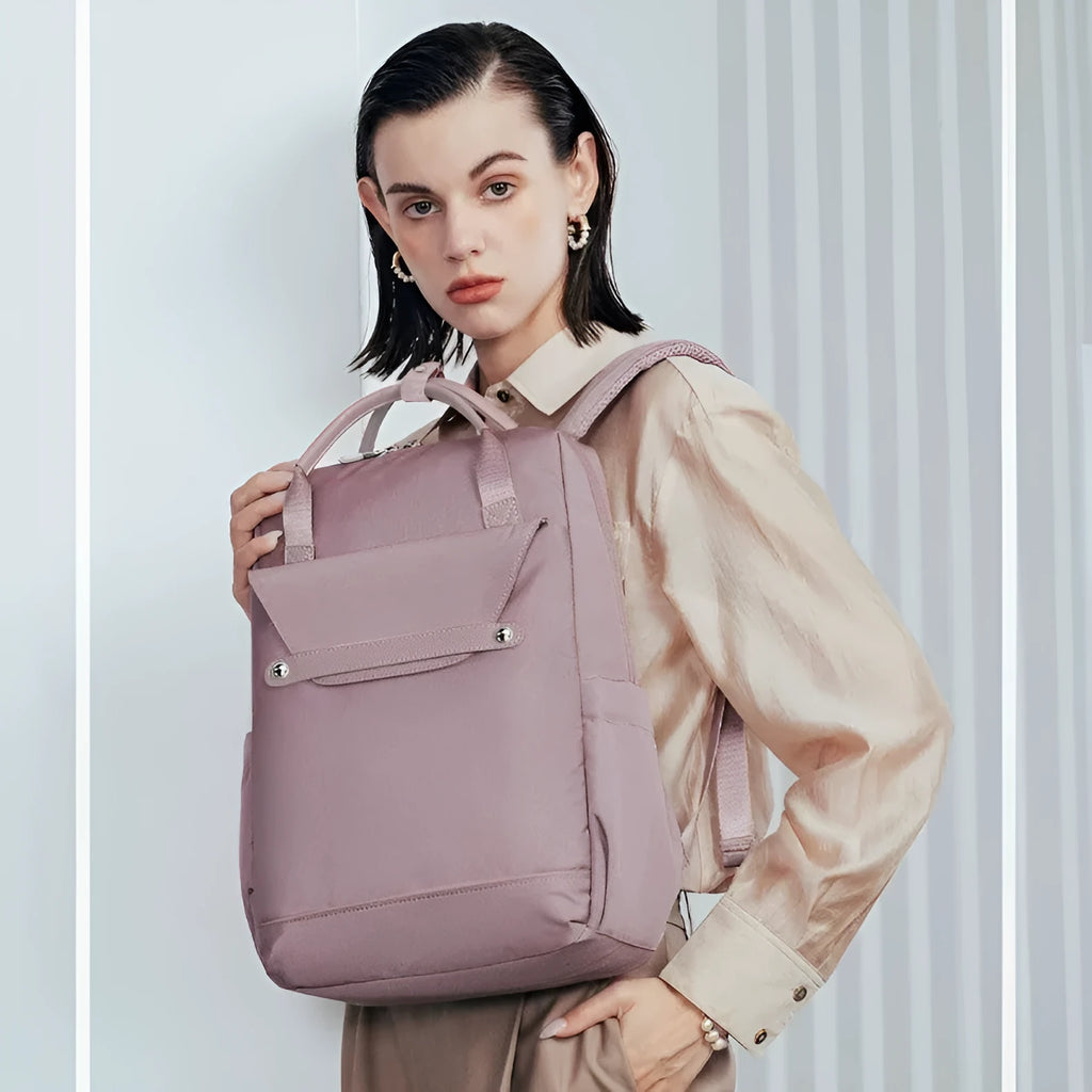 Lightweight nylon large capacity schoolbag in beige with solid colour finish