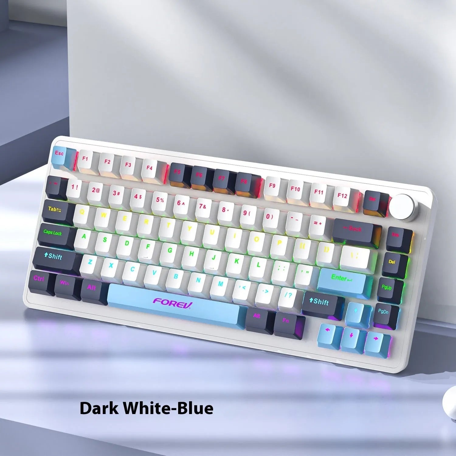 Custom mechanical keyboard and wireless mouse in selected colour option with backlight illumination.