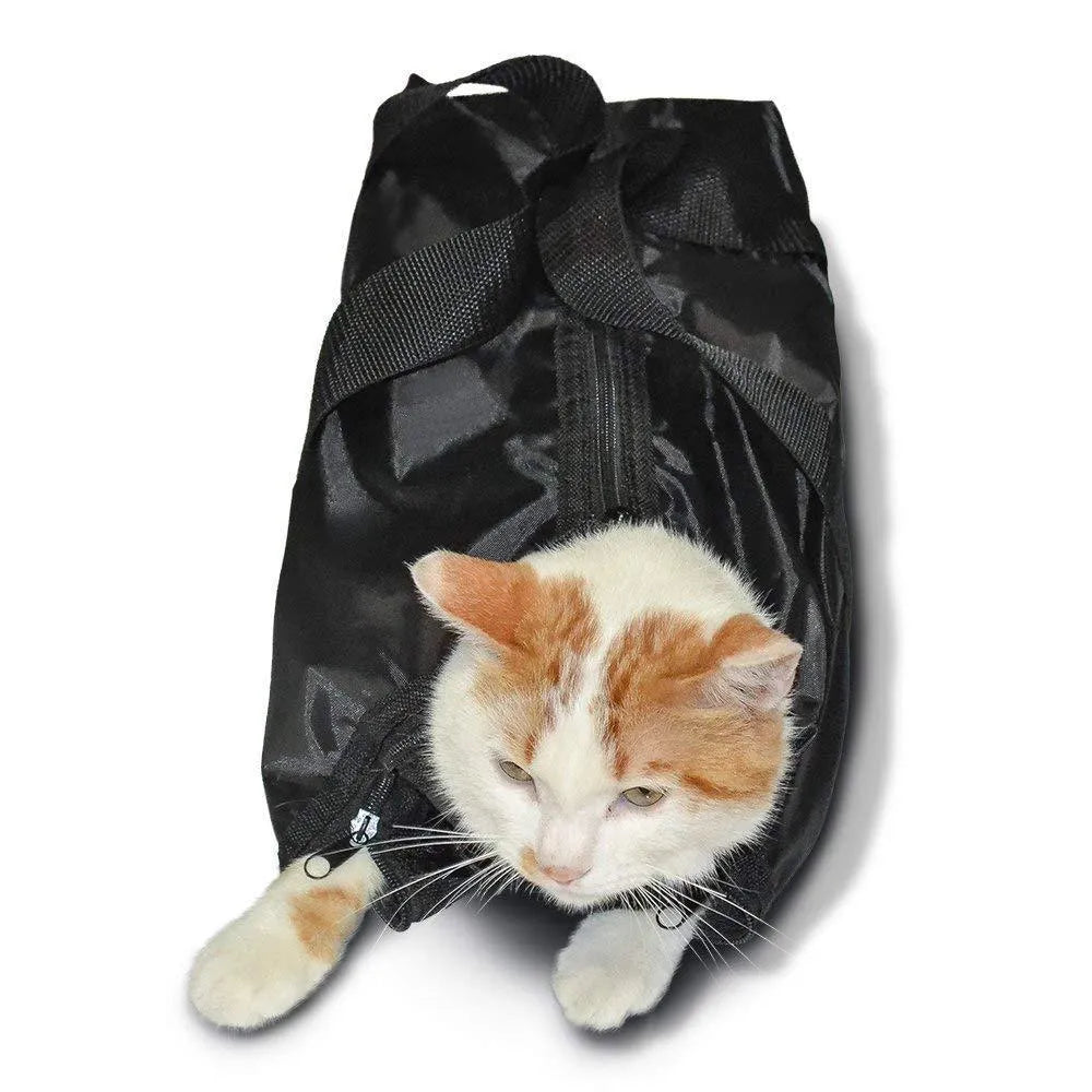 Black 420D Oxford fabric cat washing and medicine feeding bag, shown folded and unfolded.