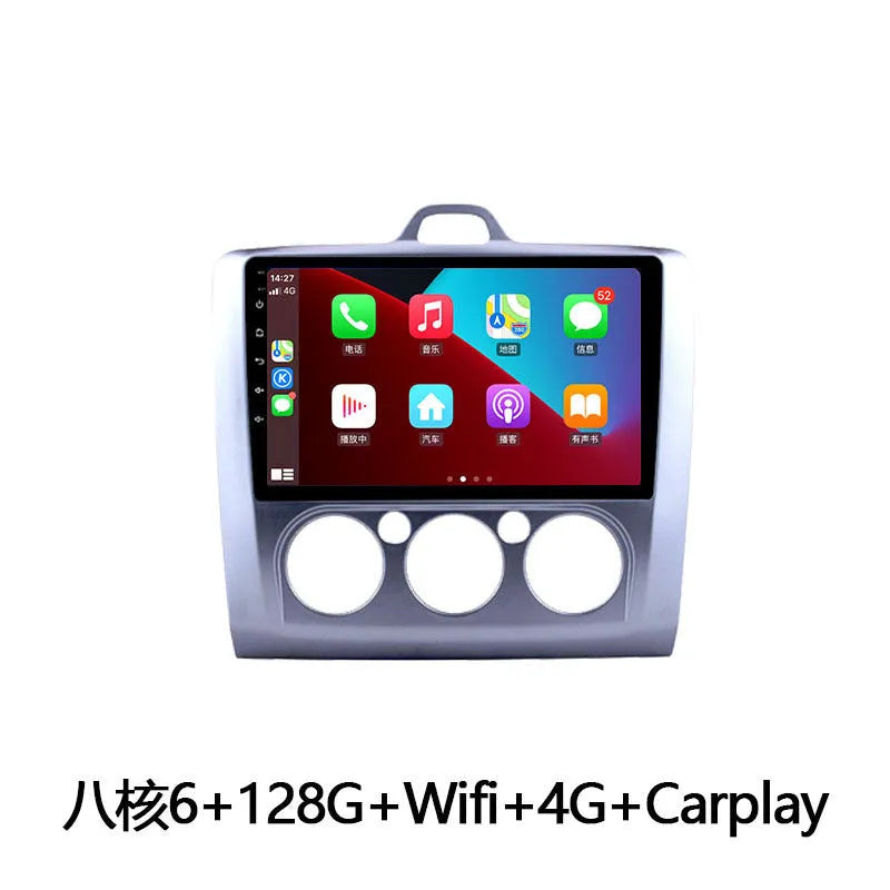 Android smart car head unit with 9-inch touchscreen for Ford Fox, showing interface with climate controls and navigation.