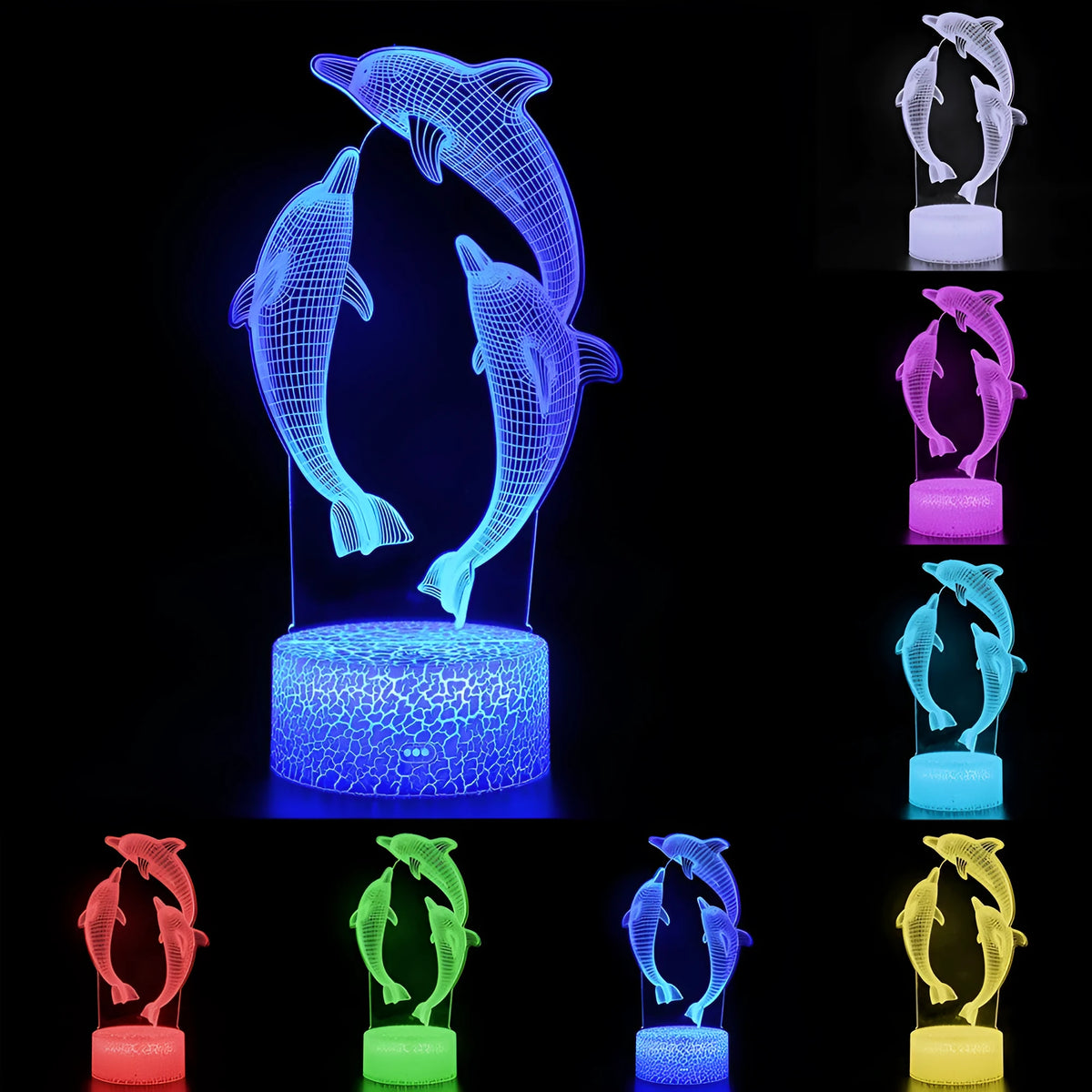 Dolphin Series 3D LED night light with laser-engraved acrylic panel and ABS base, showing illuminated dolphin pattern