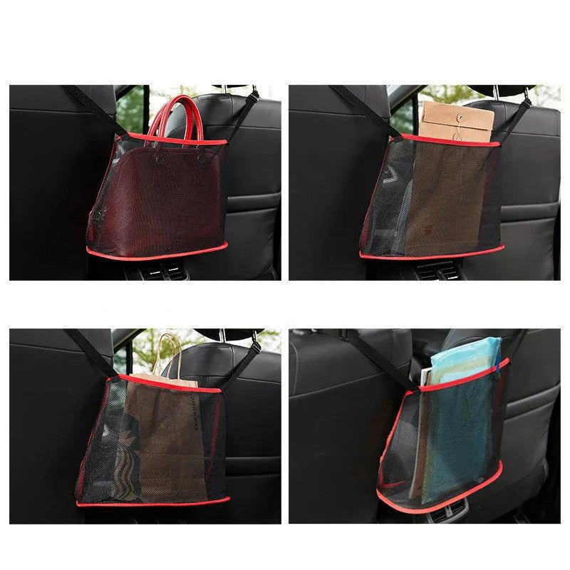 Polyester mesh car seat storage net organiser with adjustable belt, 40x12x26cm, in black, single pocket design