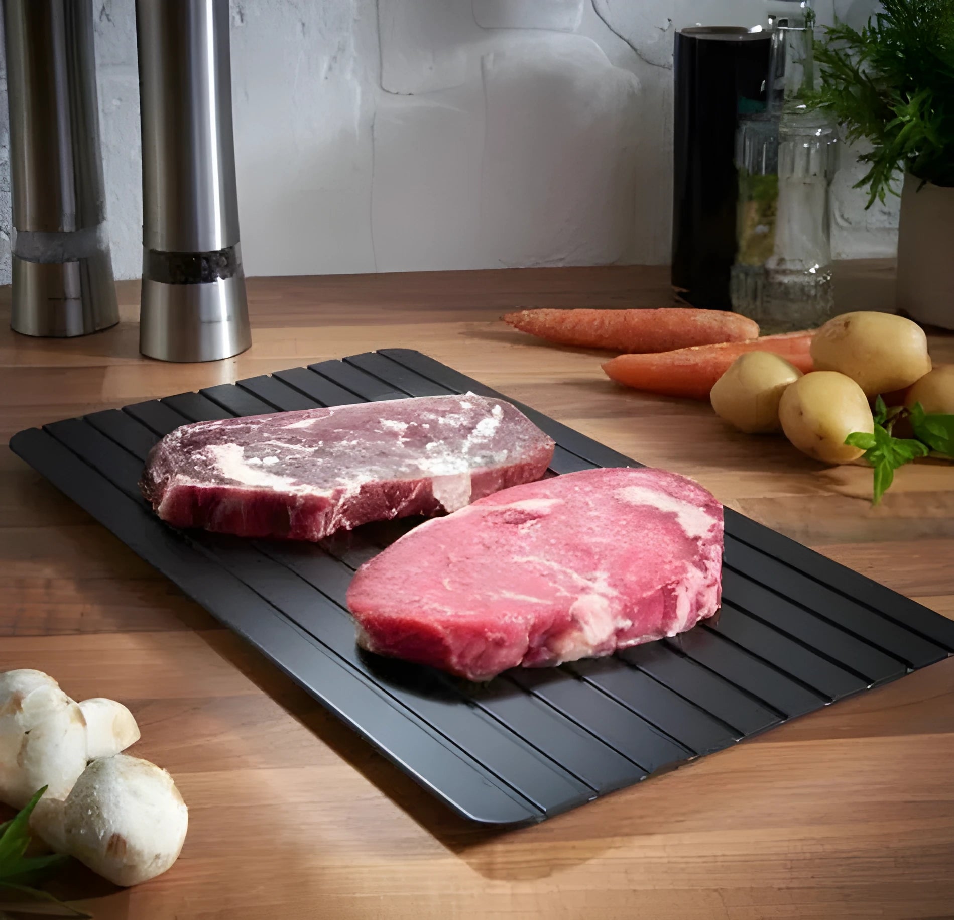 Black aluminium fast defrosting tray with silica gel feet on a kitchen countertop.