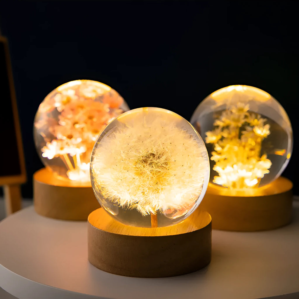 3D preserved dandelion crystal ball night light on beech wood stand with USB cable