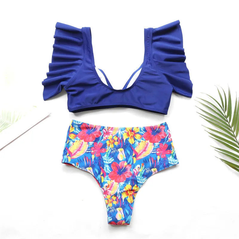 Women's polyester two-piece swimsuit in blue with bikini top and bottom