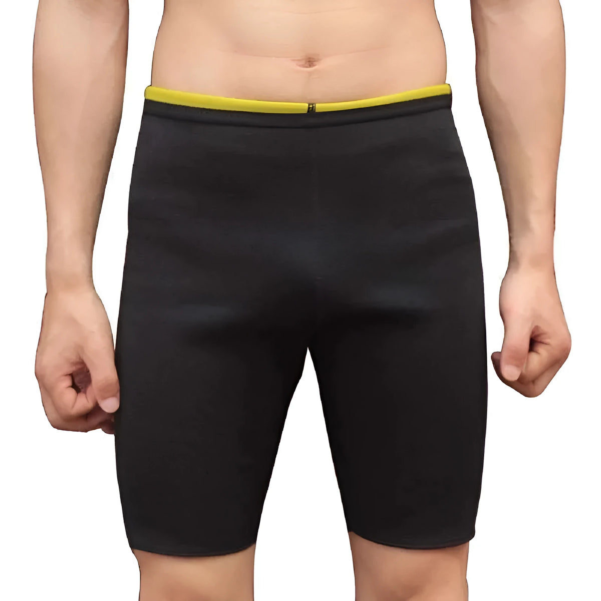 Men's black and yellow sauna shorts in SBR with polyester lining and nylon outer, sizes S to 4XL