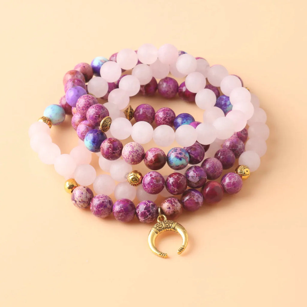 Women's personalised necklace with Emperor Stone pendant and round pink crystal beads