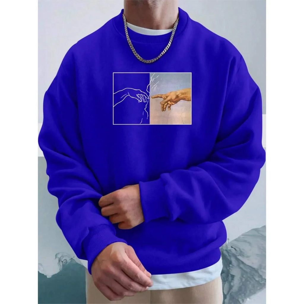 Men's hand printed sweatshirt long sleeve pullover polyester unisex top in white black blue purple