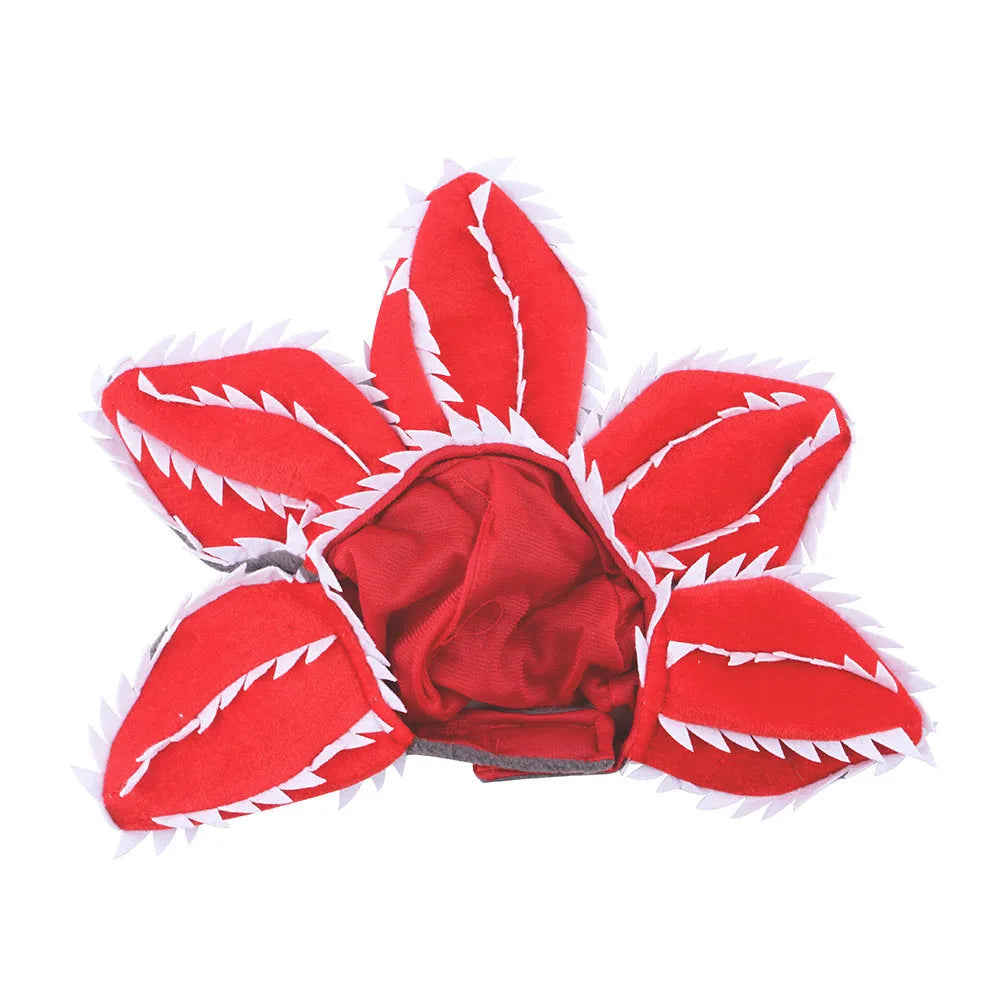 Dog wearing Halloween demon chomper hat costume with flower headband for medium-sized pets
