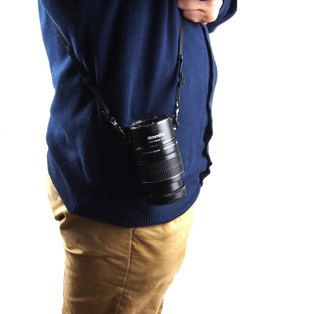 Aluminium Camera Lens Flipper dual holder on cotton strap for Canon, Nikon, Sony cameras