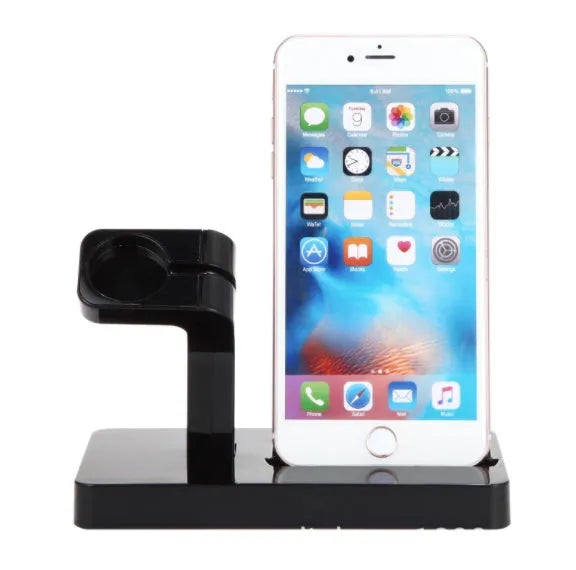 White 2-in-1 desktop charging dock holding an iPhone and an Apple Watch for simultaneous charging.