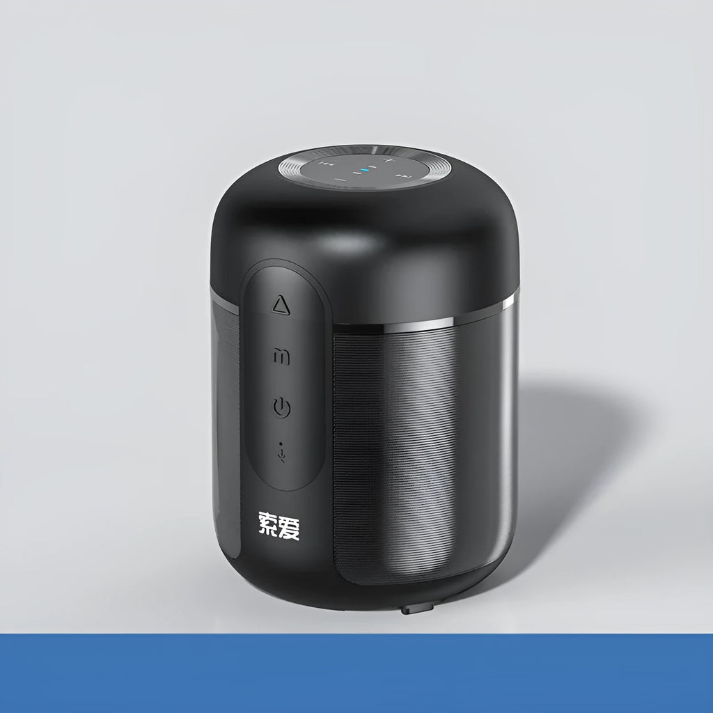 Black portable Bluetooth speaker with 30W output, 1500mAh battery, measuring 72mm by 99mm