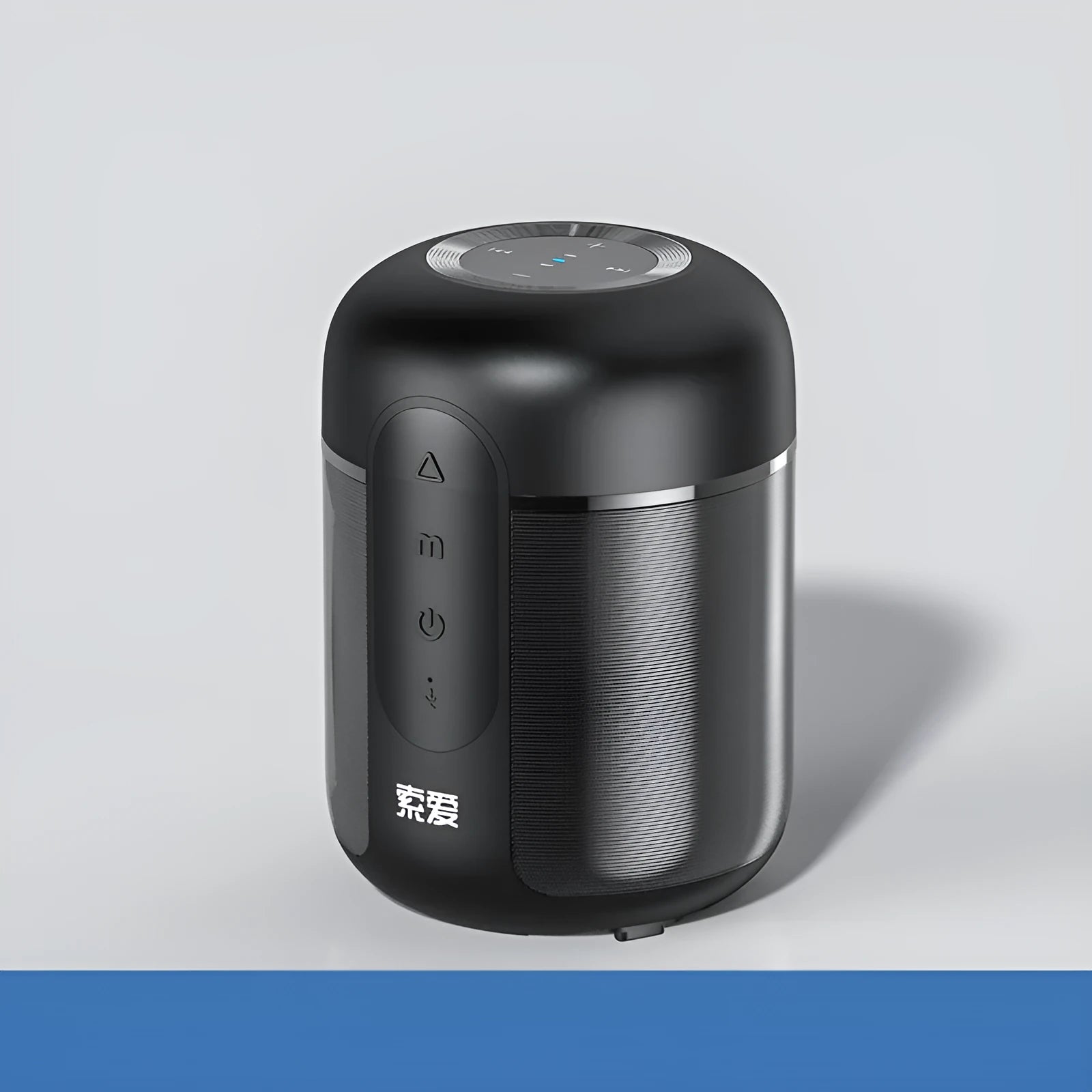 Black portable Bluetooth speaker with 30W output, 1500mAh battery, measuring 72mm by 99mm
