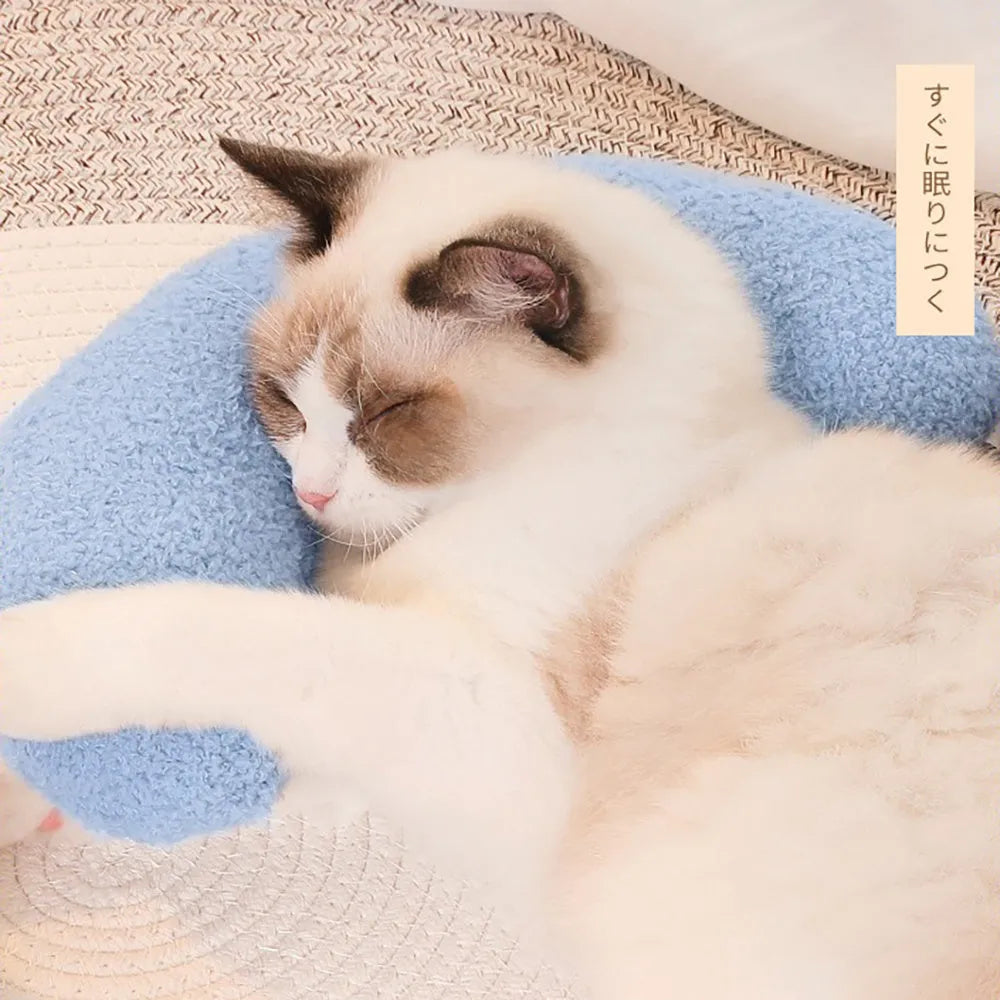 U-shaped cat pillow with adjustable collar in blue, khaki, white, or yellow colours for pet cervical support