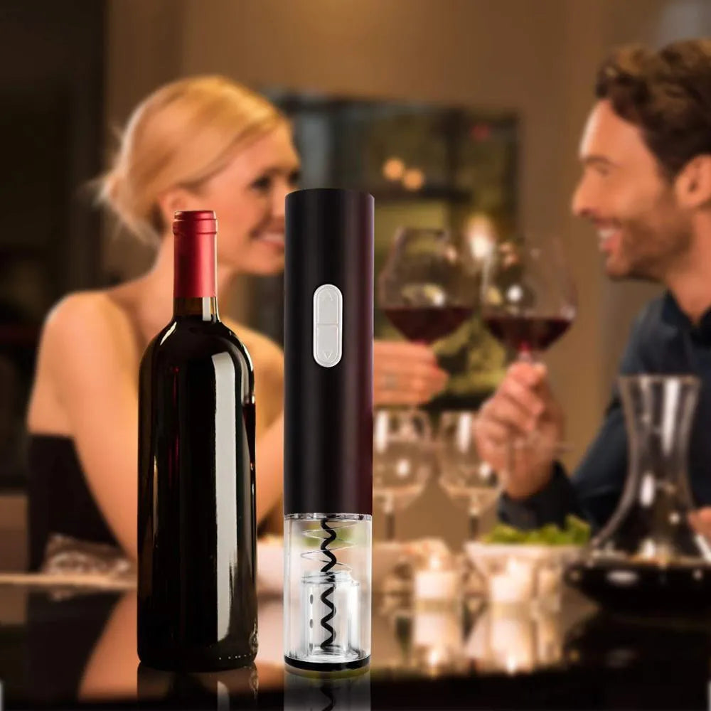 Electric wine bottle opener with automatic corkscrew and foil cutter in black, red or white colours