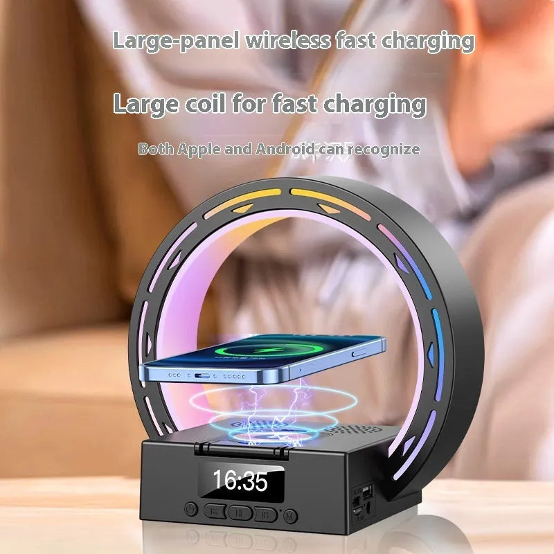 4-in-1 wireless Bluetooth speaker charging pad bedside lamp with alarm clock wake-up light in bedroom