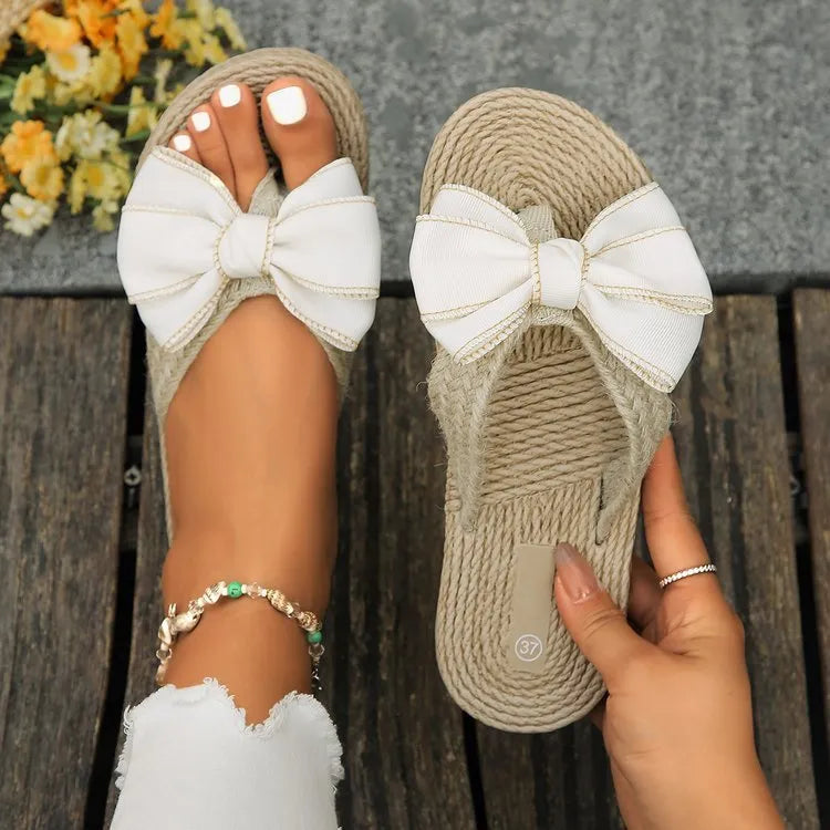 Women's khaki imitation straw woven hemp rope pattern non-slip slippers with linen upper and herringbone sole